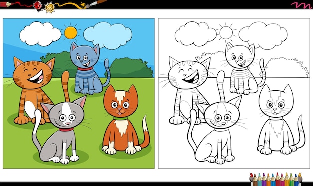 cartoon cats and kittens group coloring book page