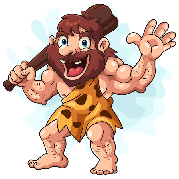 Cartoon caveman holding club and waving hand