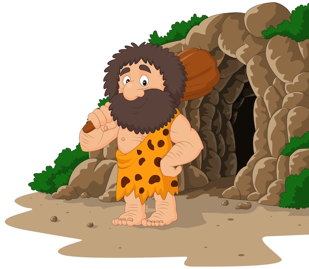 Cartoon caveman holding club with cave background