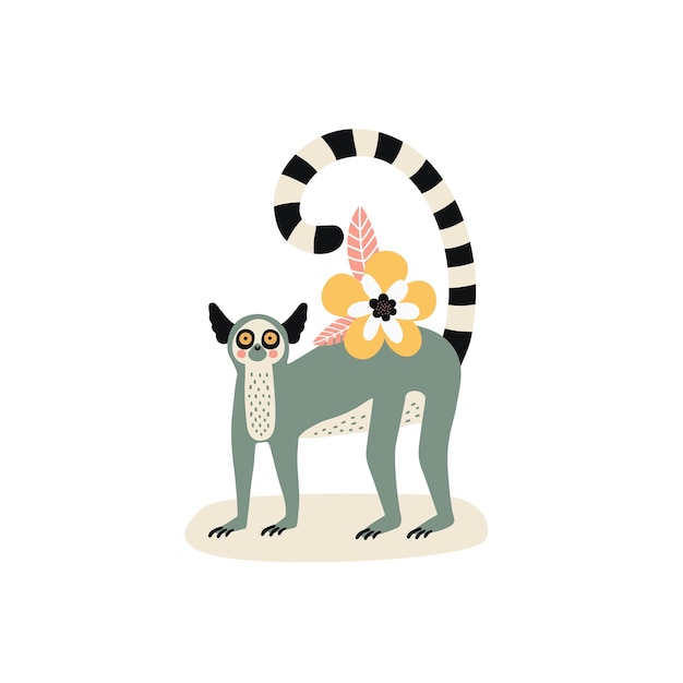 Vector cartoon character animal lemur with flower, abstract doodle elements, vector. safari animal.