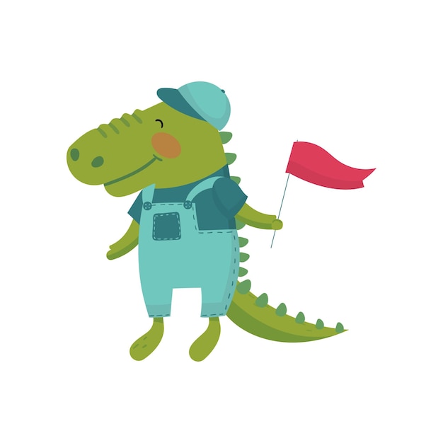 Cartoon character of baby crocodile with red flag in paw Wild green animal dressed in blue overalls tshirt and cap Flat vector design for postcard or book