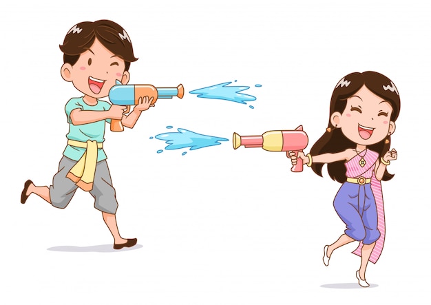 Cartoon character of boy and girl playing water gun in Songkran festival, Thailand.