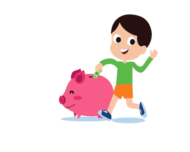 cartoon character of boy saving money in pig piggy bank. learn to invest