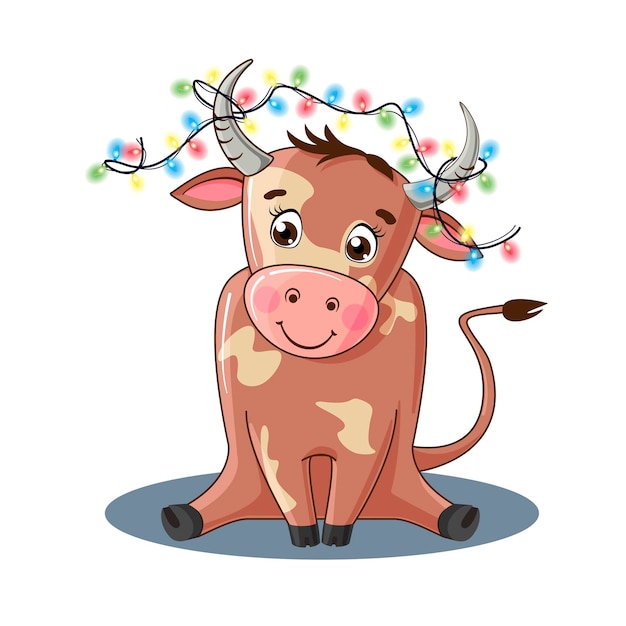 Cartoon character bull with diode lamps on the horns The cow is drawn in vector