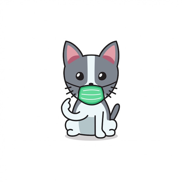 Cartoon character cute cat wearing protective face mask