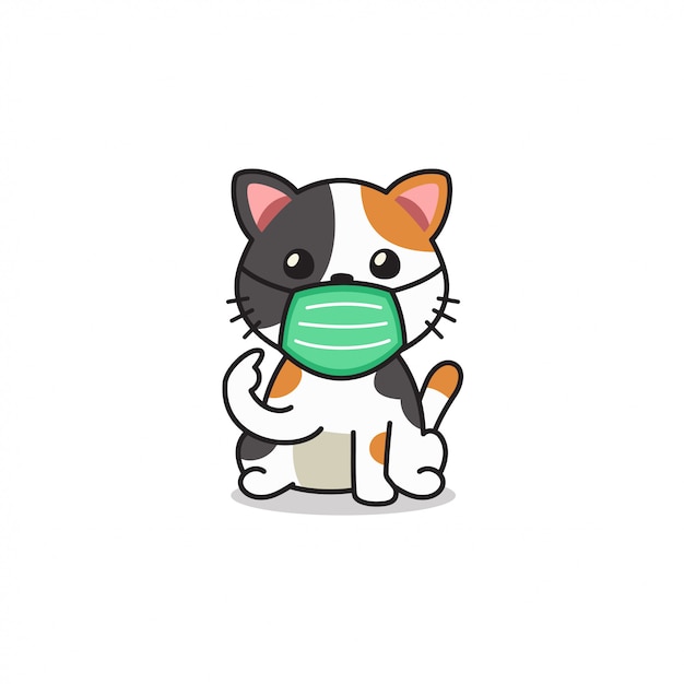 Cartoon character cute cat wearing protective face mask