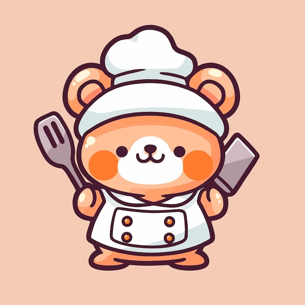 A cartoon character of a cute little bear chef with a fork and a knife.