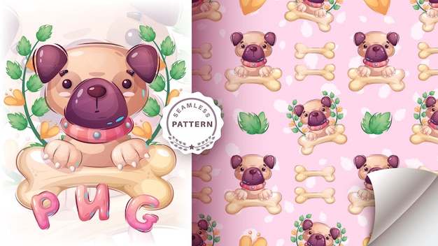 Cartoon character cute seamless pattern pug Vector eps 10