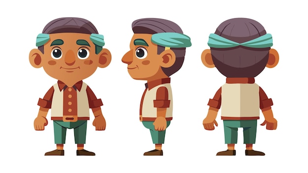 Vector cartoon character design showing front side and back views of a cheerful male with green headband