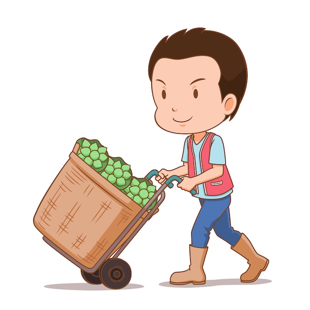 Cartoon character of flowers delivery man with his cart contains lotus flowers.