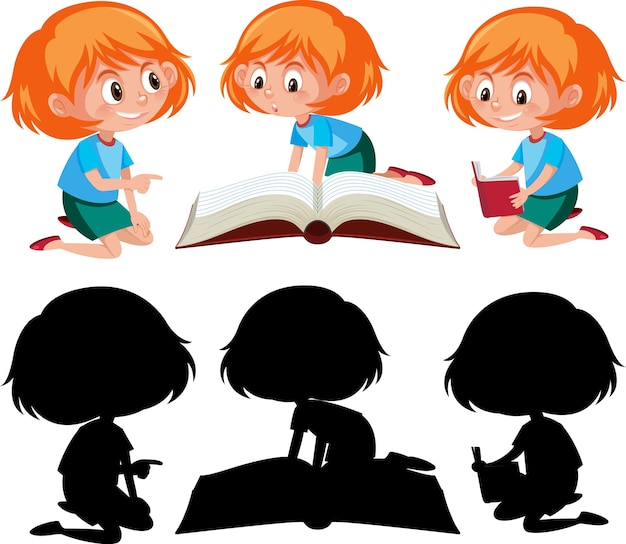 Cartoon character of a girl doing different activities with silhouette