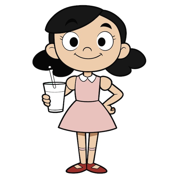 a cartoon character of a girl holding a drink and a straw