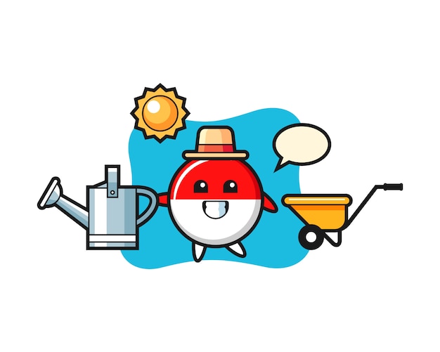 Cartoon character of indonesia flag badge holding watering can