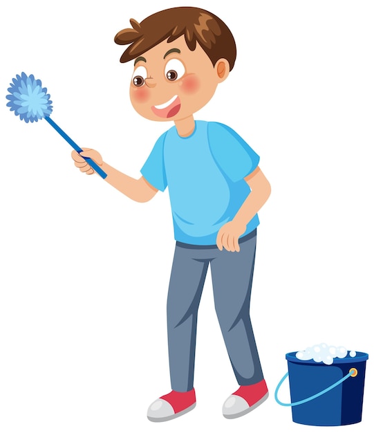 Cartoon character of kid cleaning