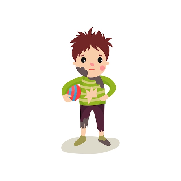 Cartoon character of little boy with muddy face in dirty ragged clothes standing with ball in his hand. Mischievous kid with untidy appearance. Flat design vector illustration isolated on white.