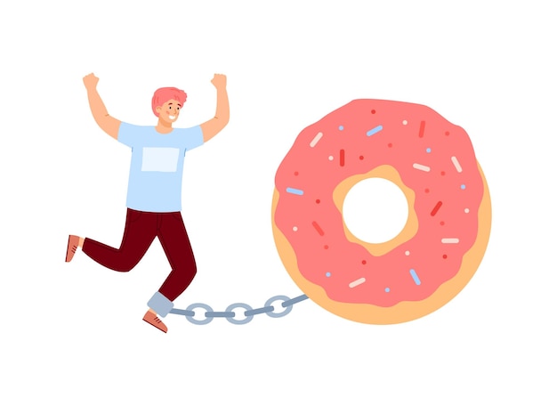 Cartoon character of man chained to donut flat vector illustration isolated