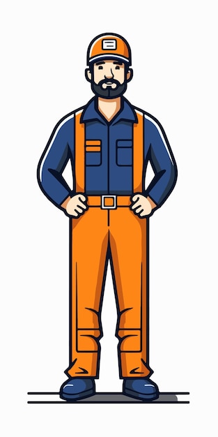 Vector cartoon character of a man wearing a blue jumpsuit and orange overalls.