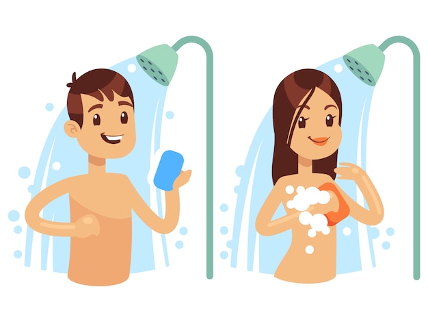 Cartoon character man and woman having a shower