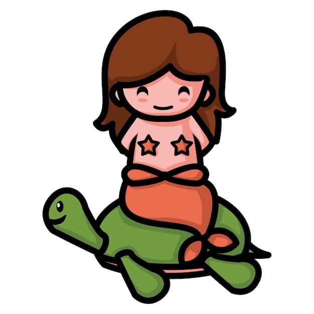 Cartoon character mascot vector illustration A mermaid sit on turtle