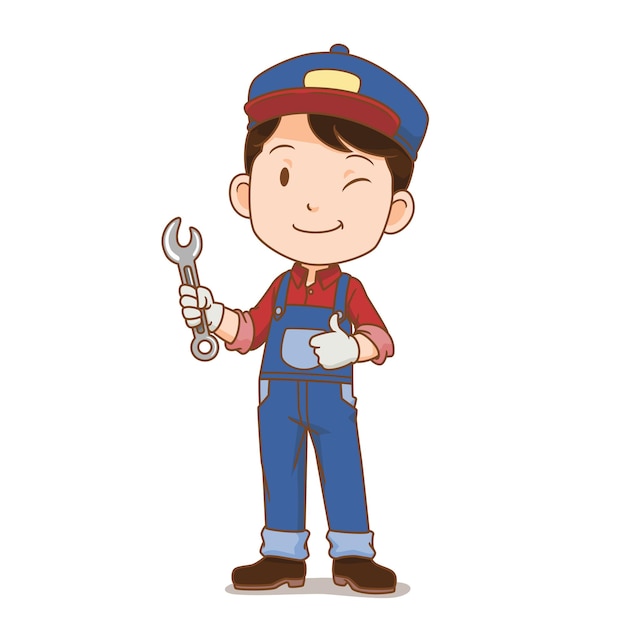 Cartoon character of mechanic boy holding a wrench.