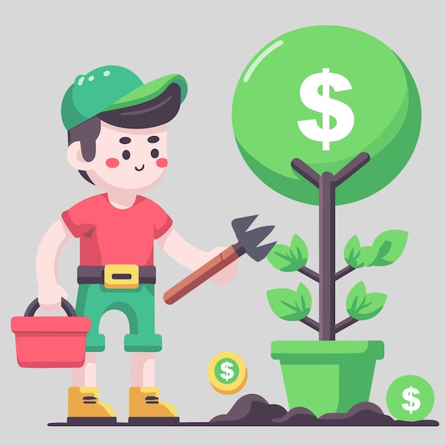 A cartoon character planting money in a garden Investing for the future financial growth