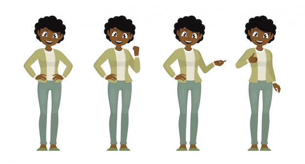 Cartoon character Poses, Set of African Women in Casual Cloth with Different Expression.