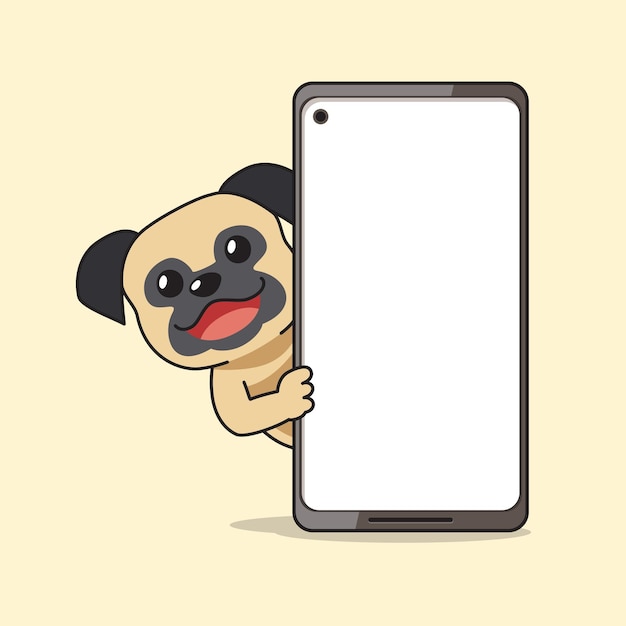 Cartoon character pug dog and smartphone