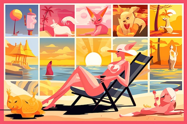 Vector cartoon character reading on sunbed with sunburn