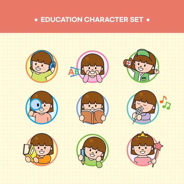 A cartoon character set with the words education character set on it.