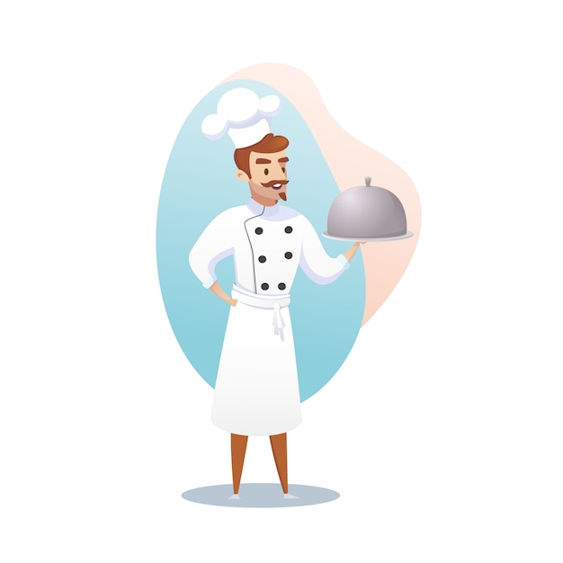 Cartoon character shef cook holding a ready dish