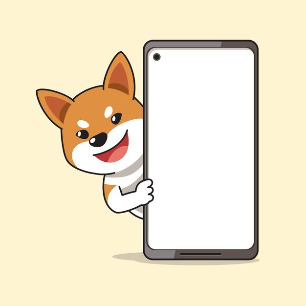 Vector cartoon character shiba inu dog and smartphone