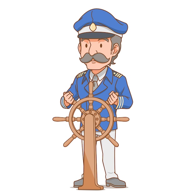 Cartoon character of ship captain behind the wheel