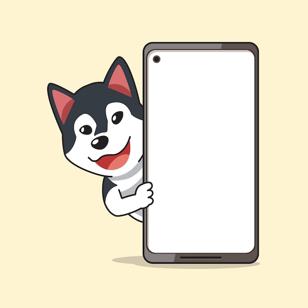 Cartoon character siberian husky dog and smartphone