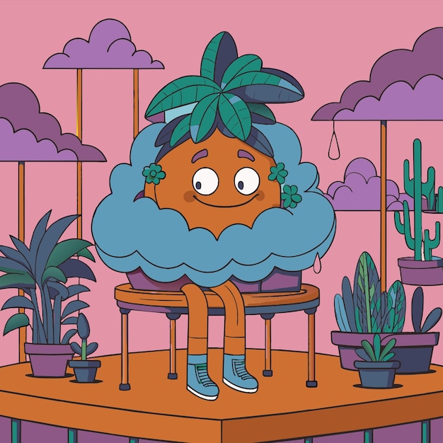 Vector a cartoon character sits on a shelf with plants and clouds