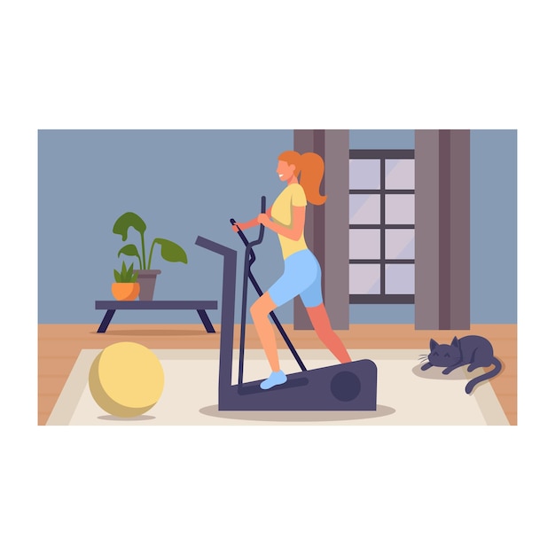 Cartoon character of slim woman training with sports equipment