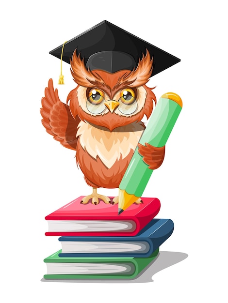 Cartoon character Smart owl graduate with books and pencil