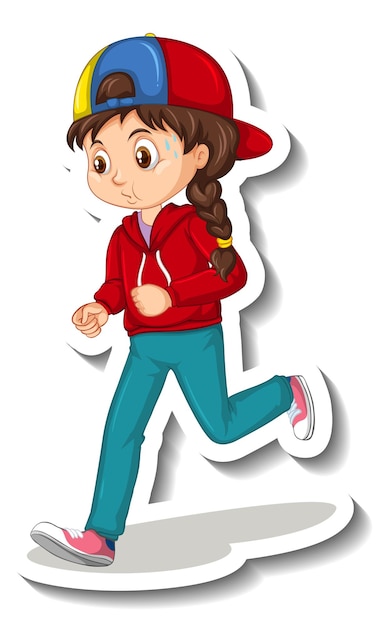 Cartoon character sticker with a girl jogging on white background