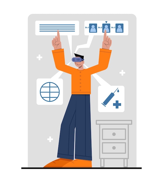 Cartoon character studying online medicine with VR technology Remote medical consultation using Internet connection Vector flat illustration in blue and orange colors