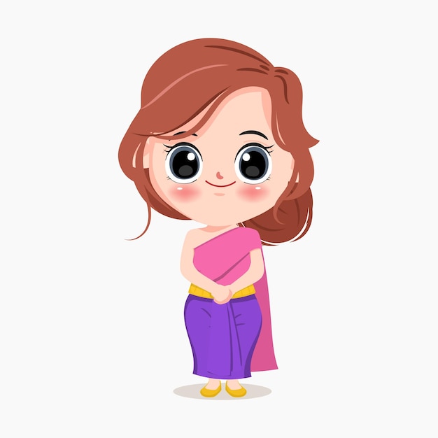 Cartoon character of traditional Thai girl in namaste poses. Cartoon vector illustration drawing.