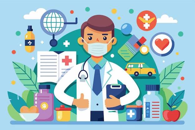 A cartoon character in a white coat symbolizes public health while surrounded by healthrelated items Public health Customizable Cartoon Illustration