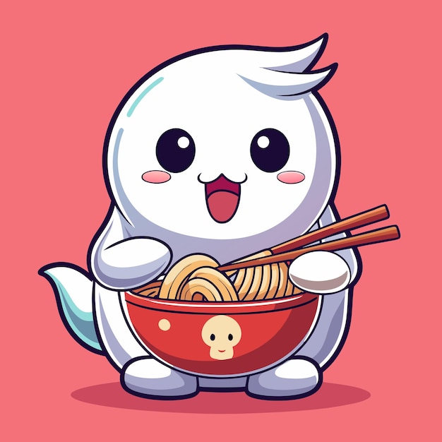 a cartoon character with a bowl of noodles and a chicken in it