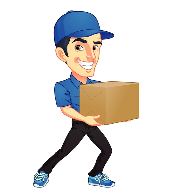 Vector a cartoon character with a box in his hand and a man carrying a box