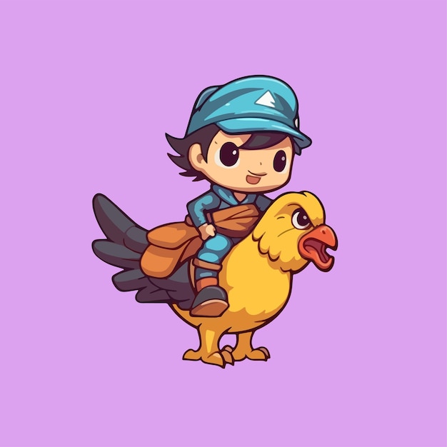 A cartoon character with a chicken on his back