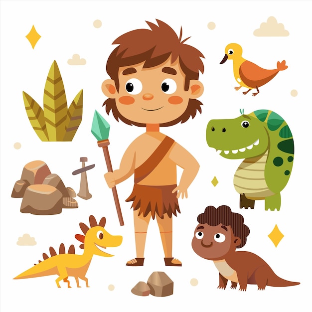 a cartoon character with dinosaurs and a dinosaur