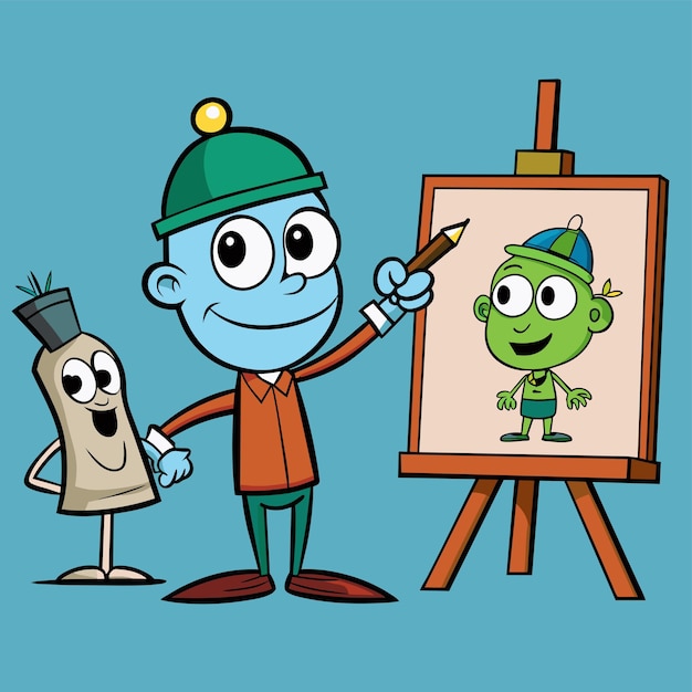 Vector a cartoon character with a green frog on his head and a drawing of a green frog