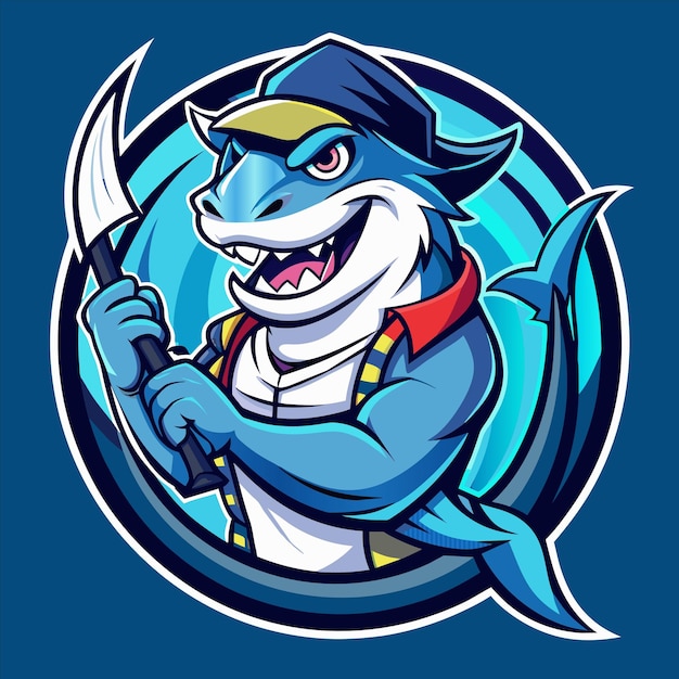 a cartoon character with a knife and a shark on the front