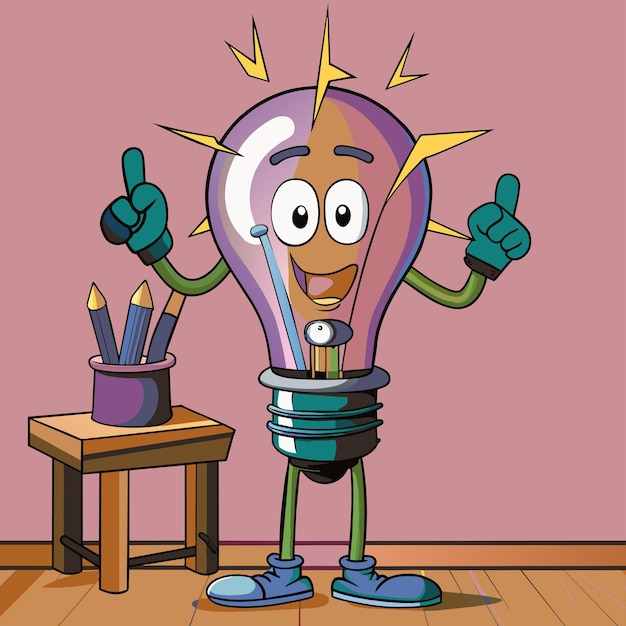 Vector a cartoon character with a light bulb that says  thumbs up