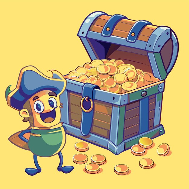 Vector a cartoon character with a pirate in front of a treasure chest