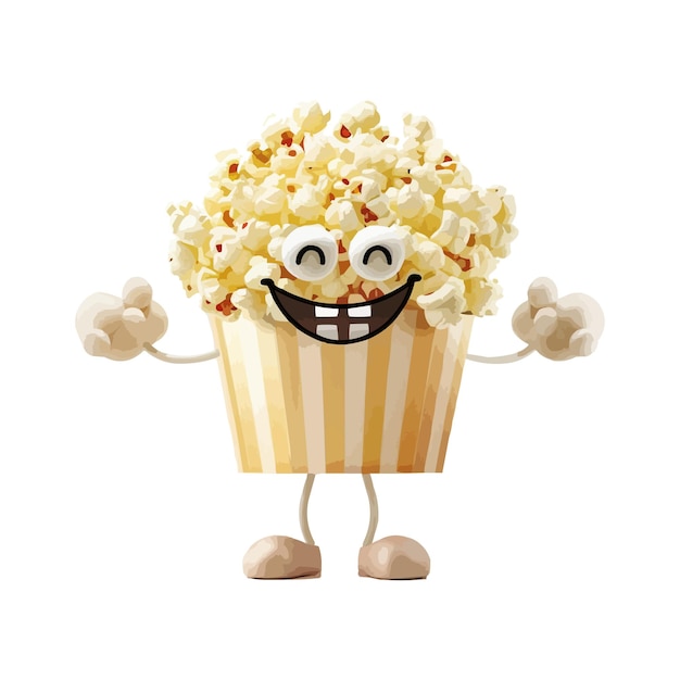 Vector a cartoon character with a popcorn face and hands in the air