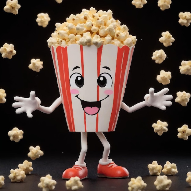 Vector cartoon character with popcorn in a striped popcorn costume